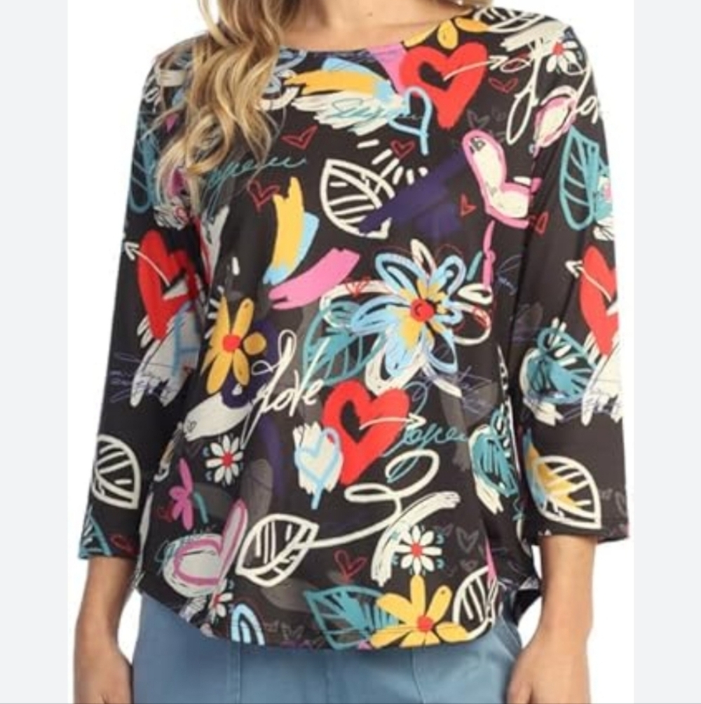 Jess & Jane Womens 2X Black Multi Love Graffiti Heart Floral 3/4 Sleeve Top USA